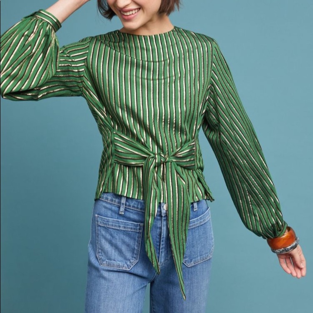 Anthropologie Seen Worn Kept Green and Gold Long Sleeved Blouse